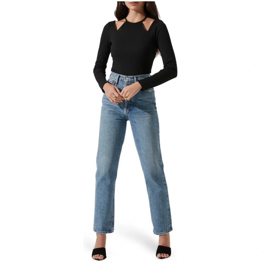 ASTR Halter Neck Cutout Bodysuit Long Sleeve, Black Size S NEW
